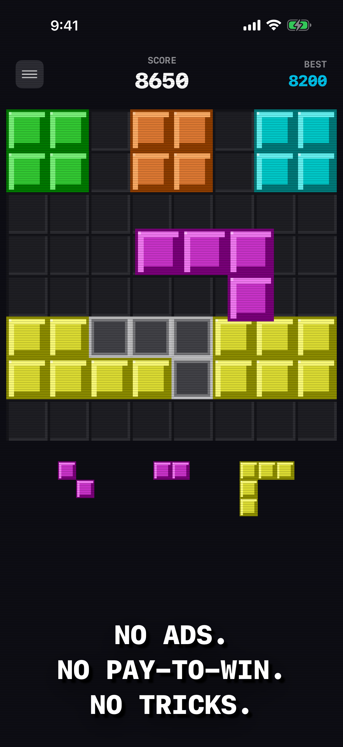 Endless mode with a line about to clear — a piece mid-drop over the matching gap, the score above the previous best, and the next-piece tray below