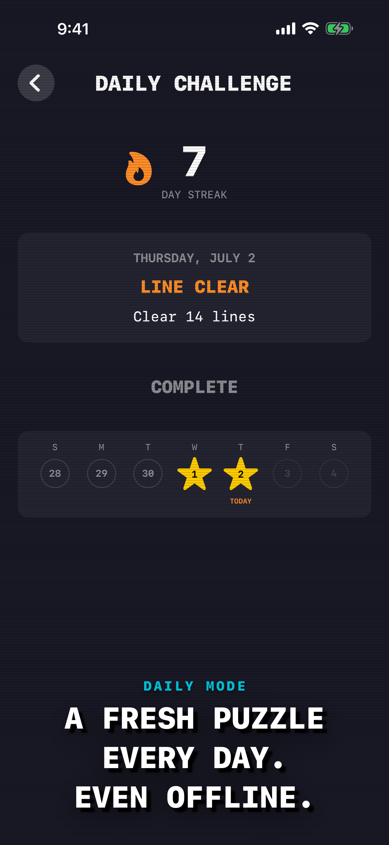 Daily Challenge mode showing a 7-day streak counter and a calendar of completed days