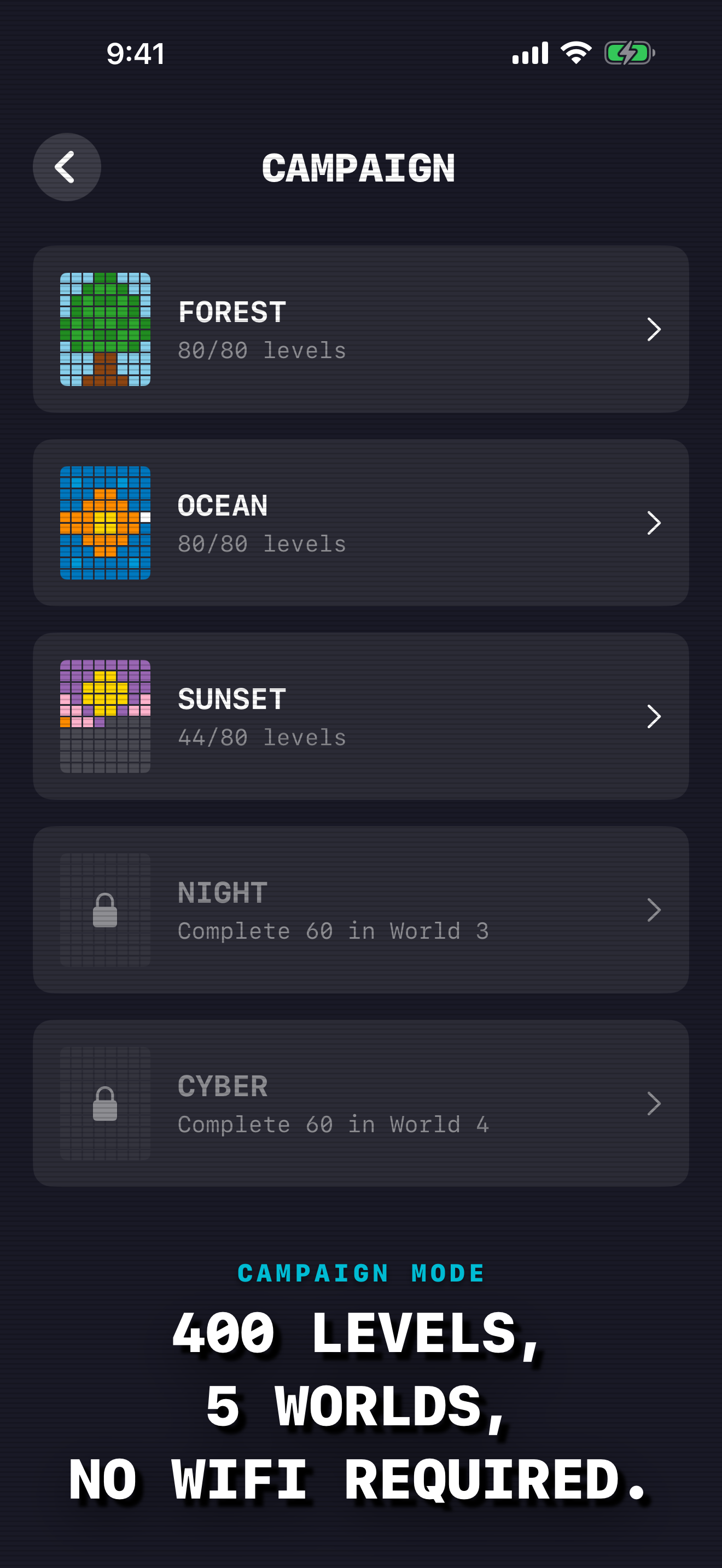 Campaign mode world grid — five themed worlds with completed levels revealing pixel-art world images